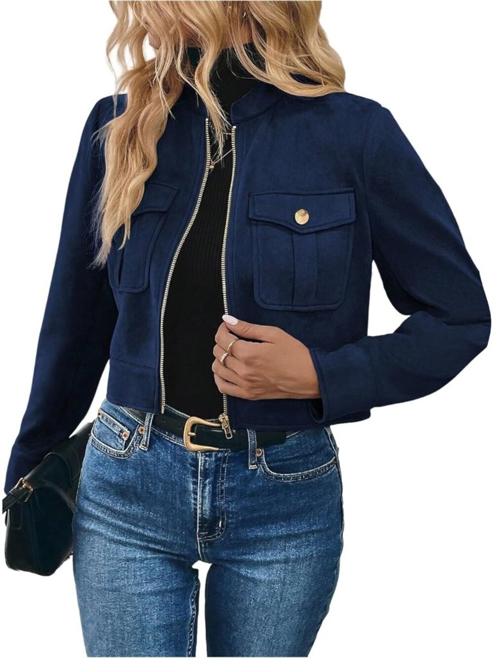 Women’s Blue Faux Suede Cropped Jacket Zip Up Cargo Pockets Casual Work wear